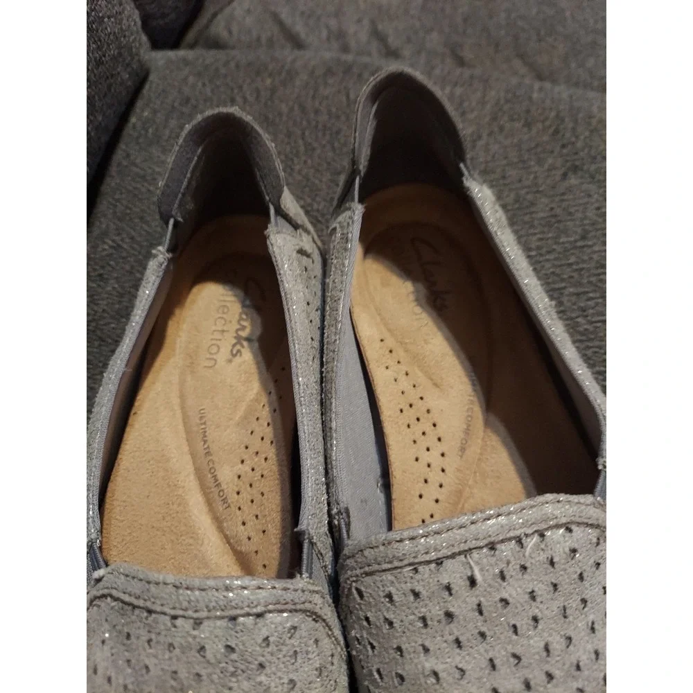 Clark's Daelyn Summit Metallic Pewter Perforated Leather Espadrilles Shoes Sz 6M